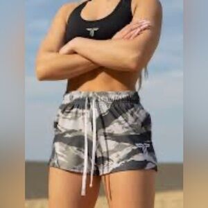 Danskin gray camo dri-fit, athletic workout shorts, size large